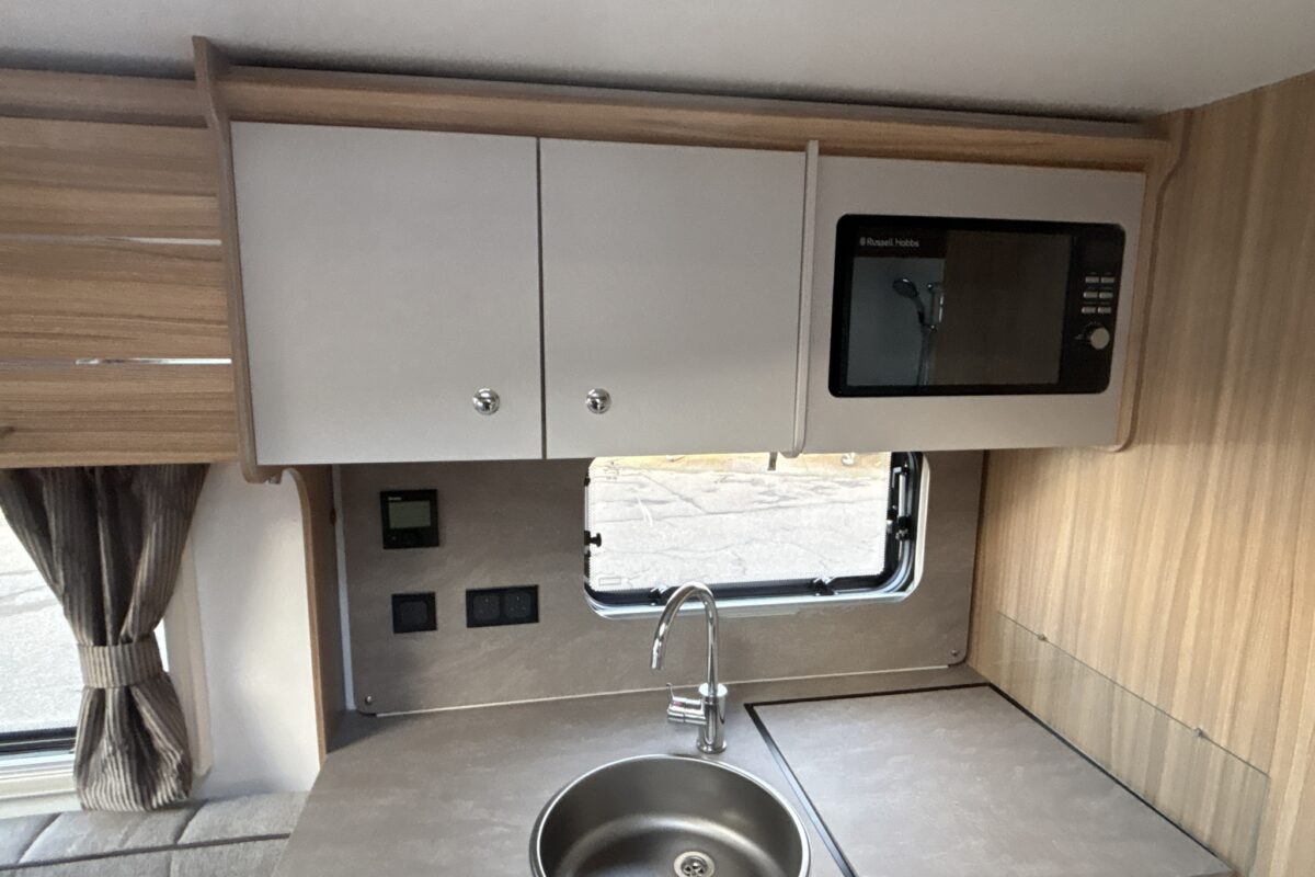 2025 Bailey Pegasus GT75 Portofino kitchen storage and microwave
